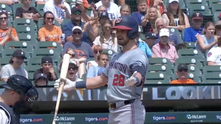 Washington Nationals outfielder Lane Thomas reacts to being ejected